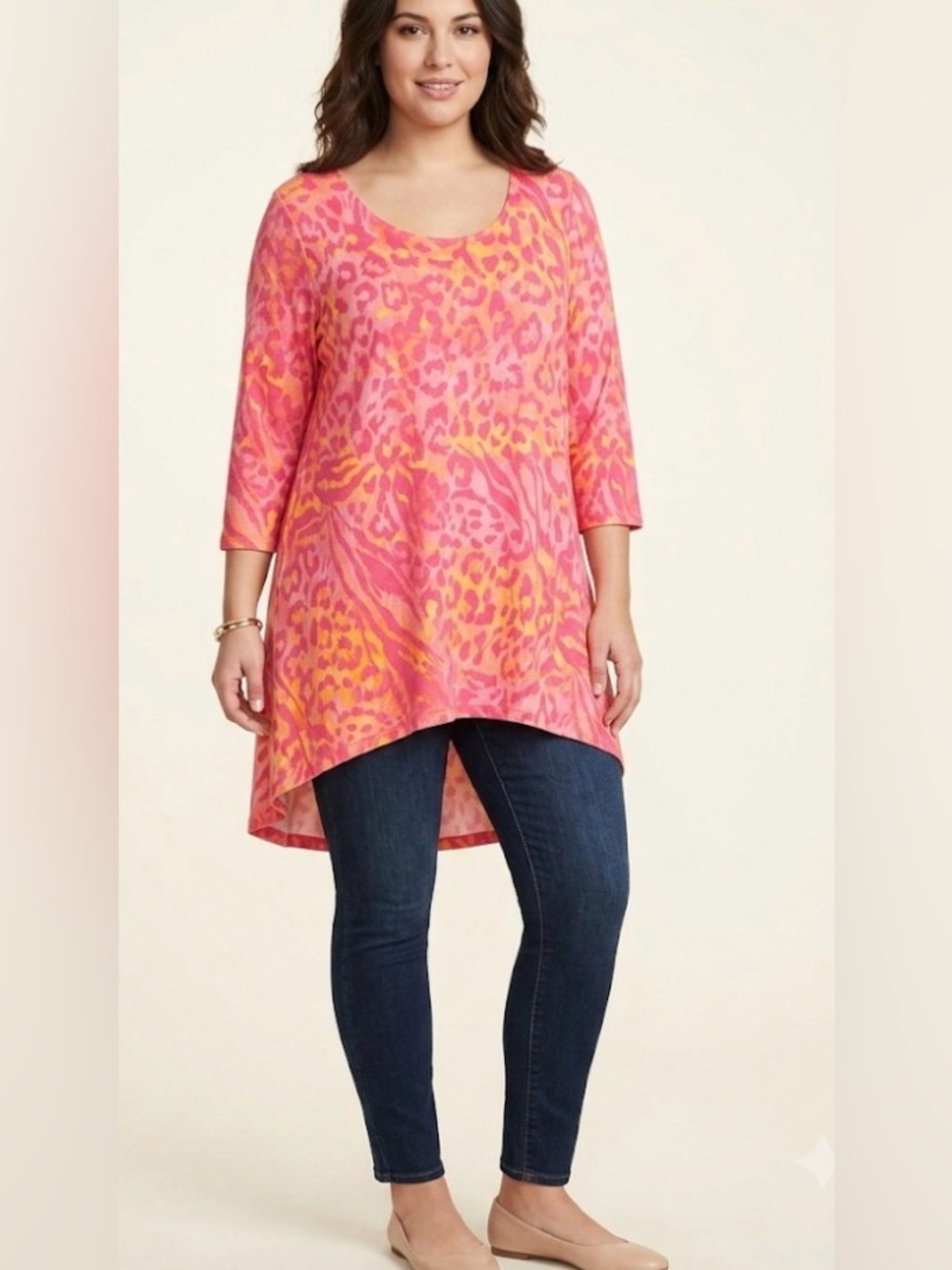 Belle by Kim, gravel size medium tunic top animal print pink/yellow/orange